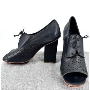Rachel Comey Black Leather Lace up Oxford Heels Peep Toe Block Heel 9.5